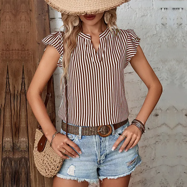 Summer Women's Casual V neck Striped Shirt Coffee - Shop at LoveMi