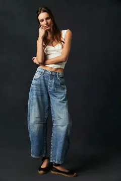 High Stretch Mid-Rise Barrel Jeans Fashion Wide Leg Shape Women Casual Baggy Mid Waist Denim Jeans - Dark Blue - View 1