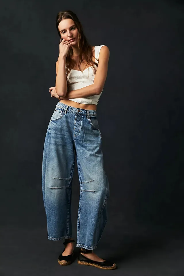 High Stretch Mid Rise Barrel Jeans Fashion Wide Leg Shape Women Casual Baggy Mid Waist Denim Jeans Dark Blue - Shop at LoveMi