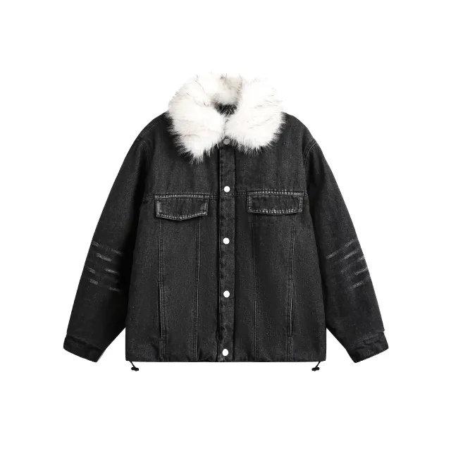 American Fur Collar Denim Cotton Coat Jacket Black - Shop at LoveMi