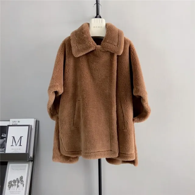 Women's Mid length Loose Batwing Sleeve Lamb Fur Coat Brown - Shop at LoveMi