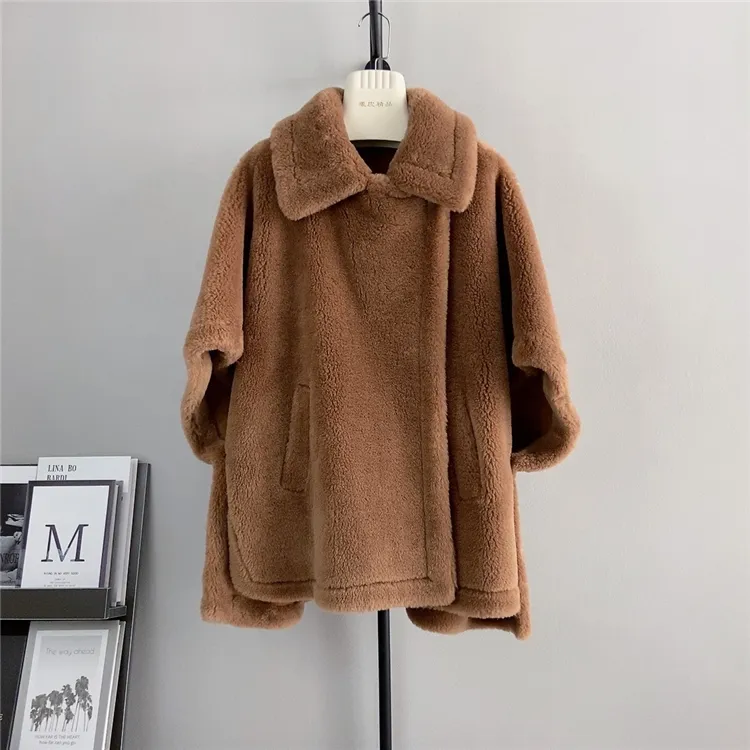 Women's Mid-length Loose Batwing Sleeve Lamb Fur Coat - Brown