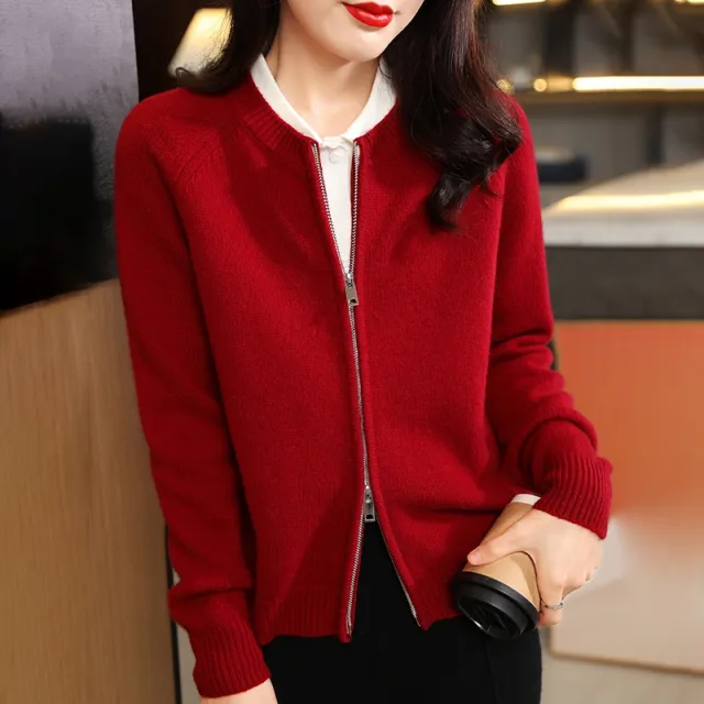 Autumn And Winter Pure Wool Cardigan Women's Round Neck Loose Wine Red - Shop at LoveMi