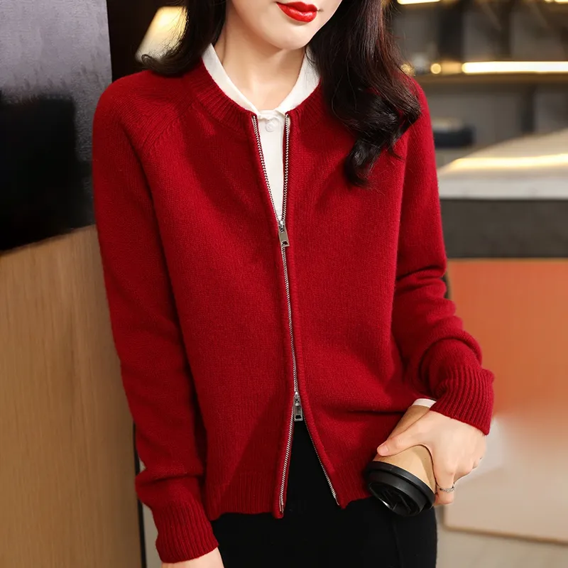 Autumn And Winter Pure Wool Cardigan Women's Round Neck Loose - Wine Red