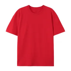 Cotton Round Neck T-shirt Heavy Loose Short Sleeve - Red - View 1