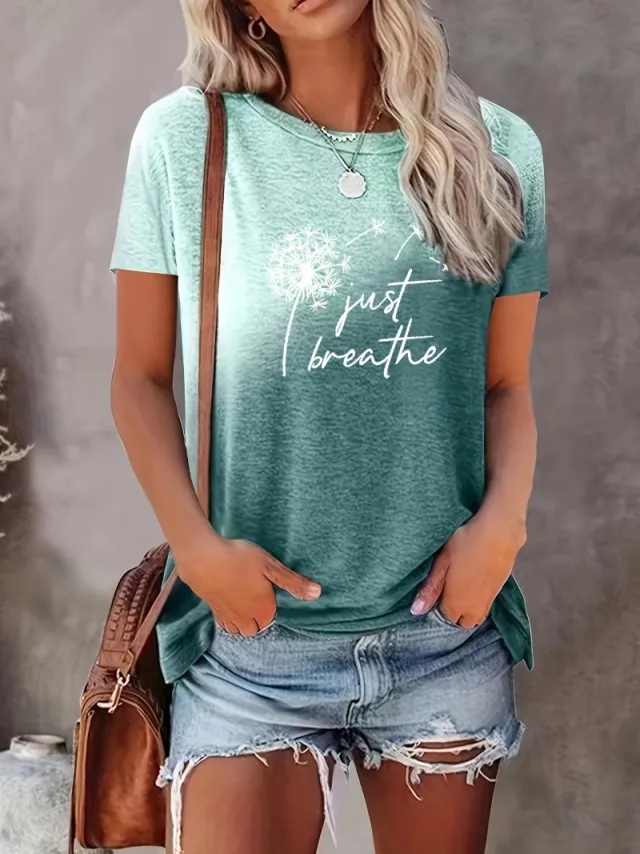 European And American Gradient Printing T shirt Round Neck Straight Green - Shop at LoveMi