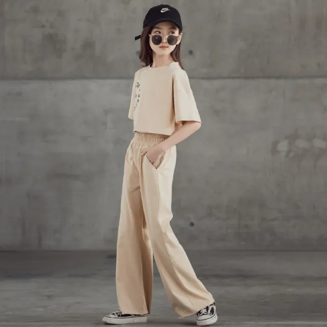 Straight leg Short Sleeve Printed T shirt Wide Leg Pants Suit Khaki - Shop at LoveMi