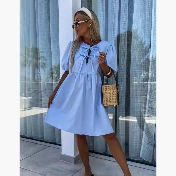 Summer Fashion New Lace up Bow Puff Sleeve Short Sleeve Dress Blue - Shop at LoveMi
