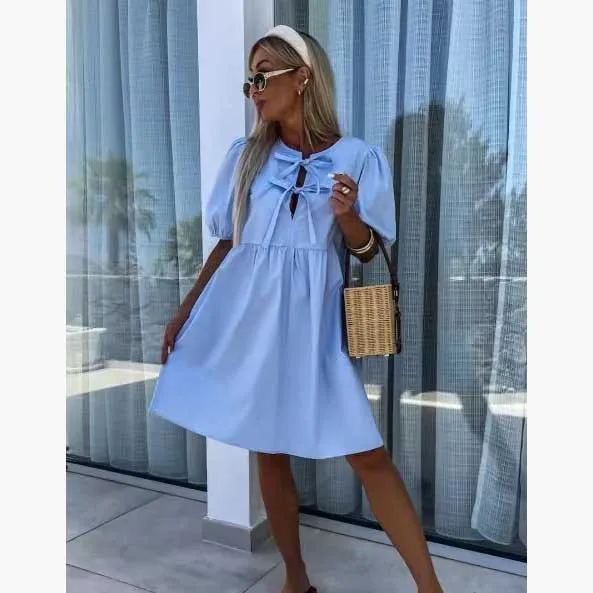 Summer Fashion New Lace-up Bow Puff Sleeve Short Sleeve Dress - Blue