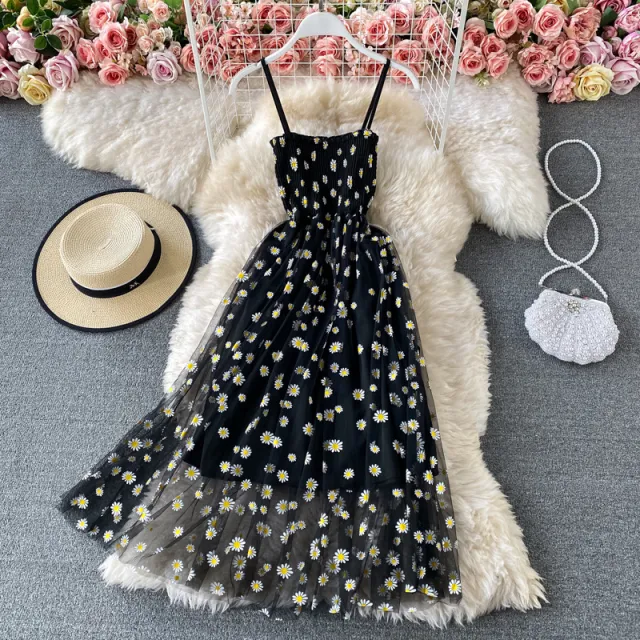 Women's Casual Sling Floral Skirt French Dress Black - Shop at LoveMi