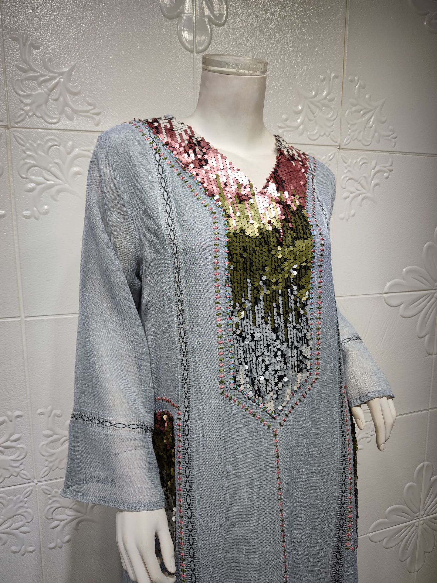 Sequin Embroidered V-Neck Long Dress, picture 6 of 12