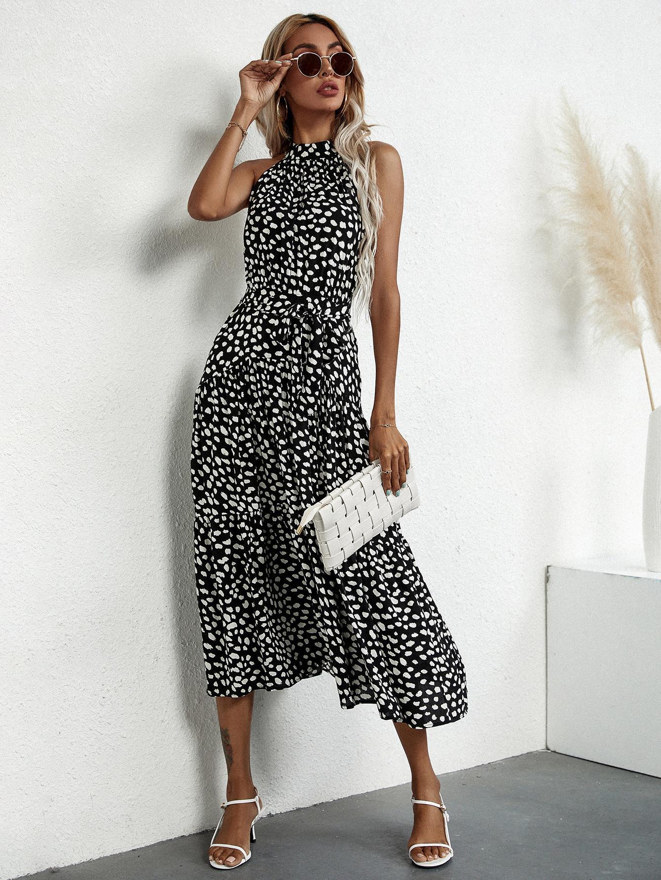 Floral Halter Strap Large Swing Dress Women's Clothing