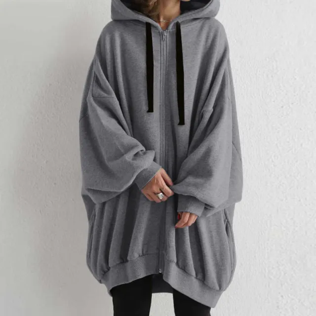 Women's Solid Color European And American Loose Sweater Fashion Hooded Zipper Gray - Shop at LoveMi