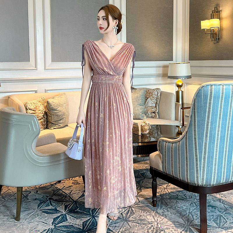 Drawstring Short Sleeve Cinched Pleated A- Line Dress