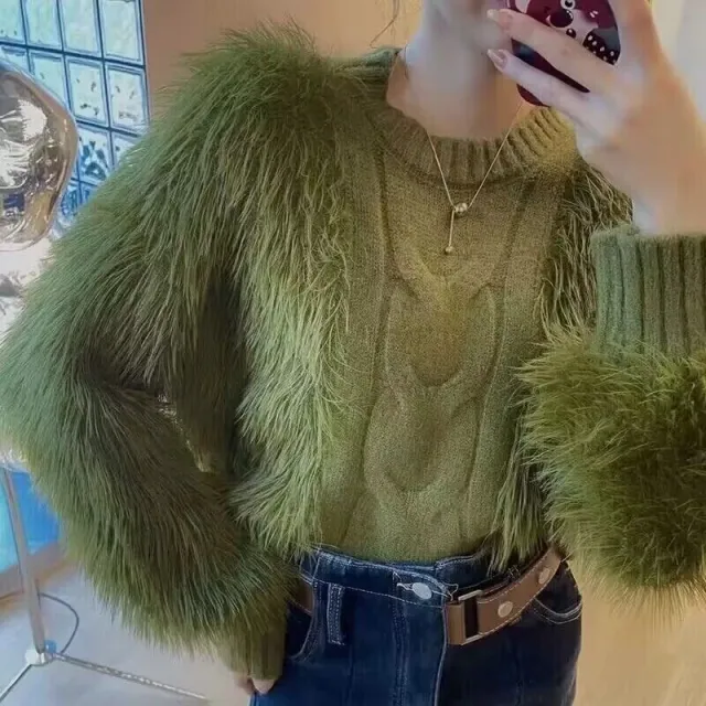 Loose fitting, Outerwear Mink wool Solid color Sweater For Women Green - Shop at LoveMi