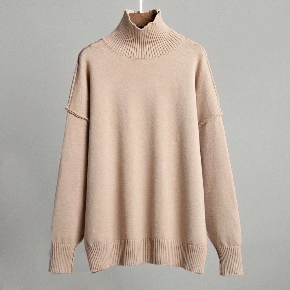 Patchwork Turtleneck Sweater Women's European And American Autumn And Winter Leisure Loose - Khaki
