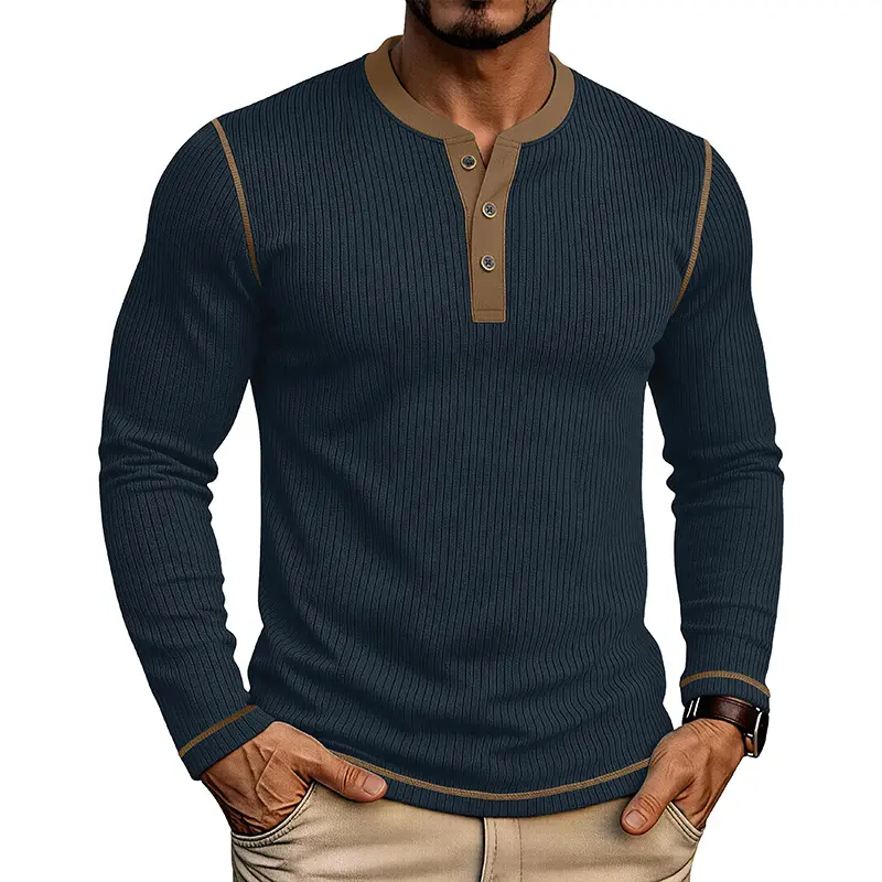 Mens Long-sleeve T-shirt With A Color-blocked Henley