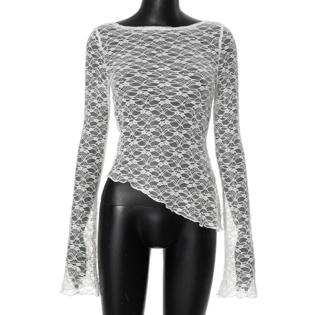 Lace Slant cut Bottom Sexy Long Sleeve T shirt Top White - Shop at LoveMi