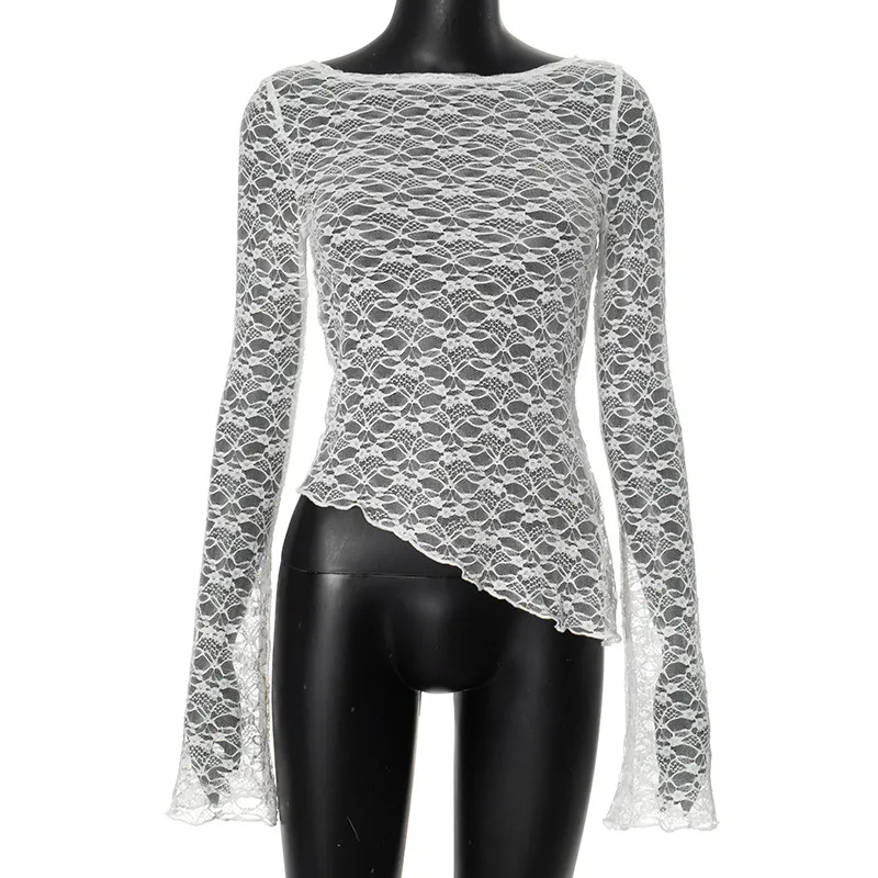 Lace Slant-cut Bottom Sexy Long Sleeve T-shirt Top - White