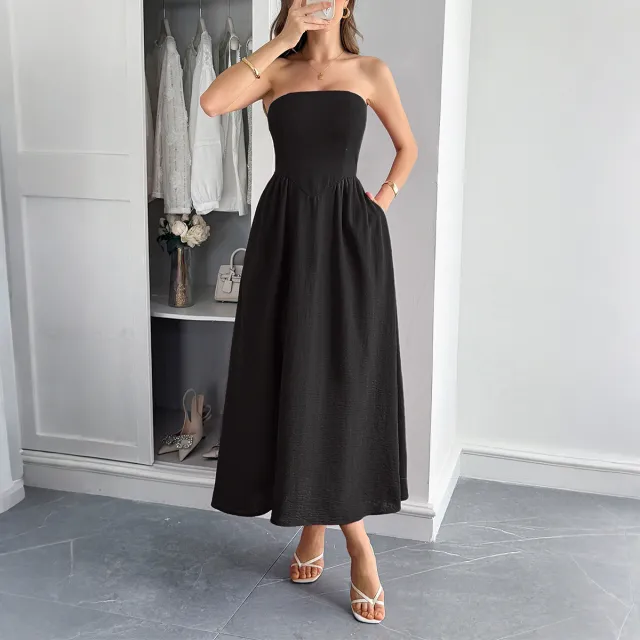 European And American Elegant Tube Top A Line Dress Dress Black - Shop at LoveMi