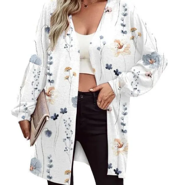 Printed Long Sleeve Fashion Cardigan Knitted Coat Women Light Gray - Shop at LoveMi
