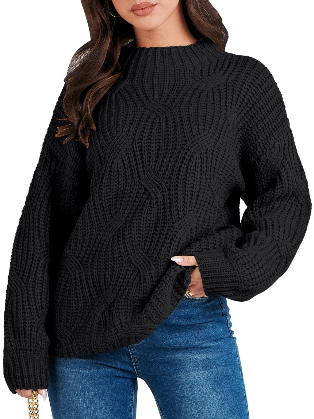 Drop Shoulder Loose Casual Twisted Knitted Pullover Sweater - Black