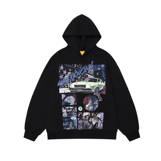 Women's Cartoon Design Loose Hooded Sweater Black - Shop at LoveMi