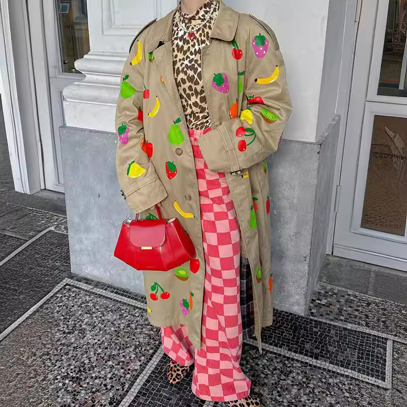 New elegant khaki fruit print lapel coat single row multi-button