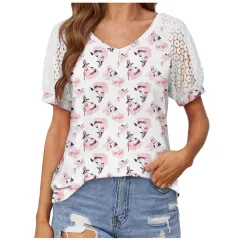 V-neck Lace Stitching Casual T-shirt For Women - Printed Three - View 1