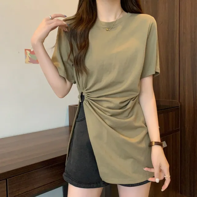 Cotton Irregular Split Short sleeved T shirt Women's Summer Army Green - Shop at LoveMi