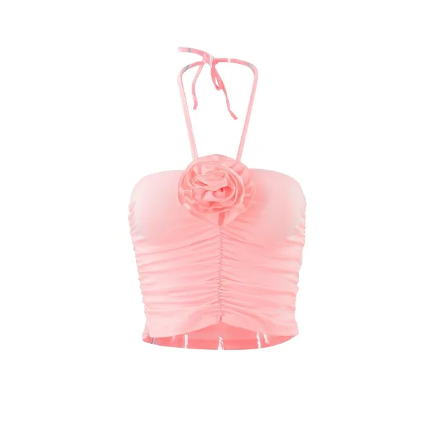 Women's Fashion Lace up Halter Three dimensional Flower Pleated Navel Vest Pink - Shop at LoveMi