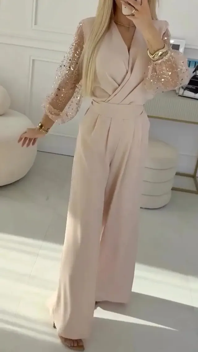 Sequined Top Wide Leg Pants Casual Suit Women Apricot - Shop at LoveMi