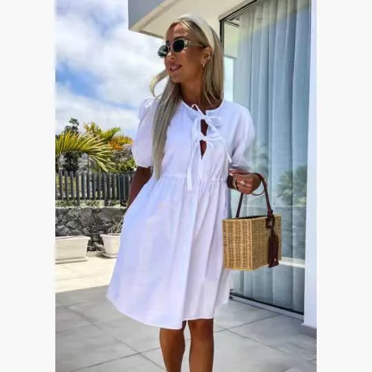 Summer Fashion New Lace up Bow Puff Sleeve Short Sleeve Dress White - Shop at LoveMi