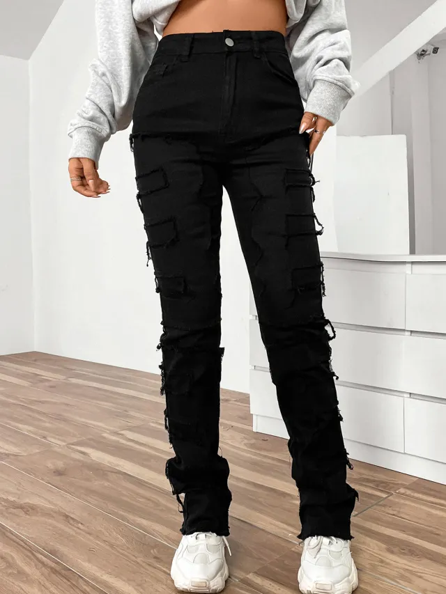 Women's Embroidered Straight leg Pants Fashion I Stretch Patchwork Jeans Black - Shop at LoveMi