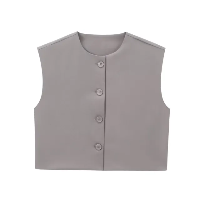Fashion Solid Color Decorated Row Button Sleeveless Vest Top Gray - Shop at LoveMi