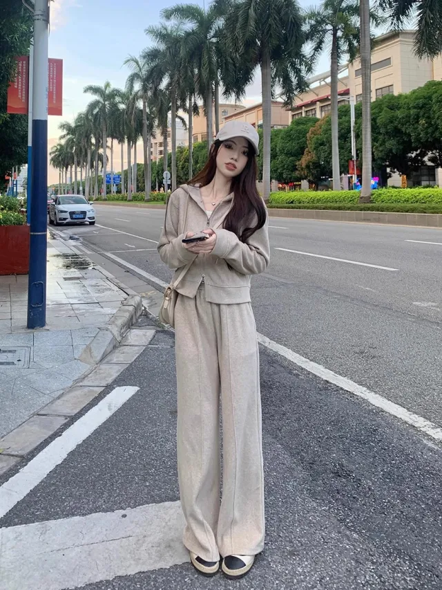 Spring And Autumn New Loose Hooded Zipper Sweatshirt Wide Leg Pants Two piece Set Mocha - Shop at LoveMi