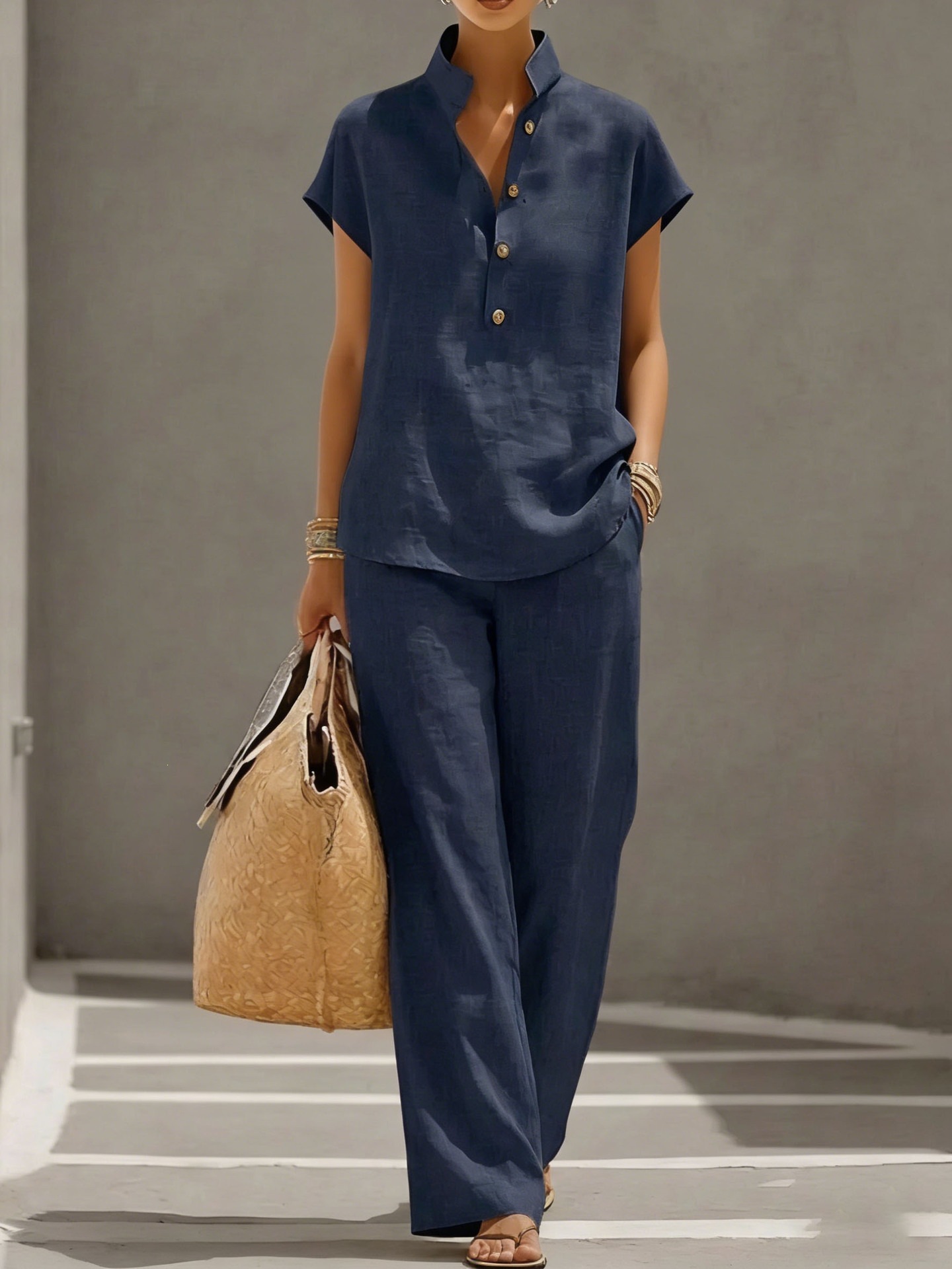 Gold cardigan short sleeve top and pants three-piece set – solid color casual lounge women's style