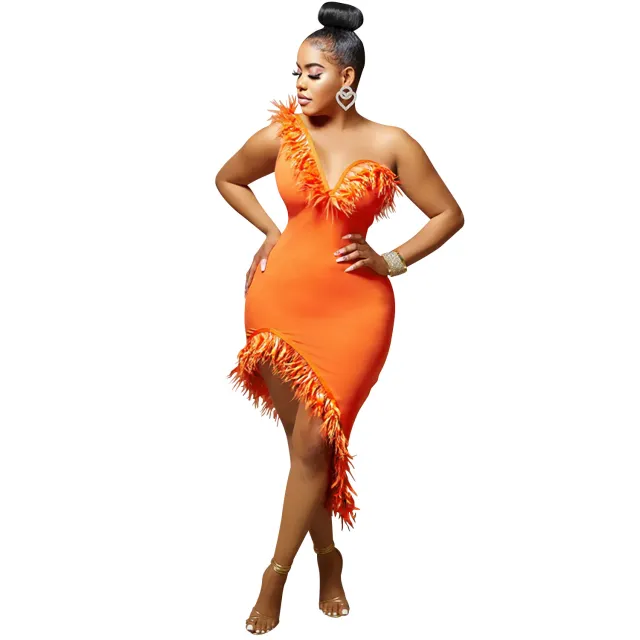 V neck Sleeveless Chest Feather Irregular Midi Dress Orange - Shop at LoveMi