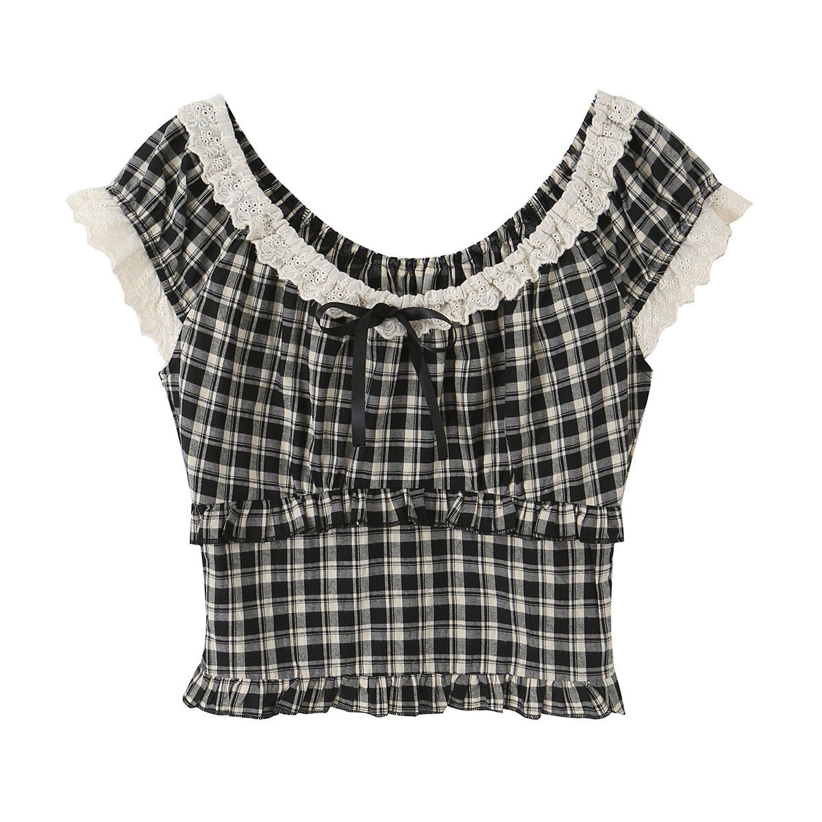 French-style Vintage Plaid Top With Ruffled Trim And Small Puff Sleeves