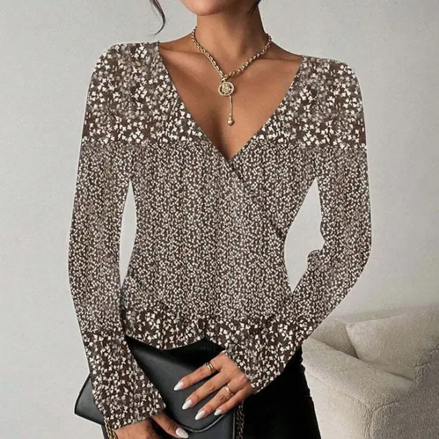 Women's V neck Temperament Upper Clothes Long Sleeves T shirt Coffee - Shop at LoveMi