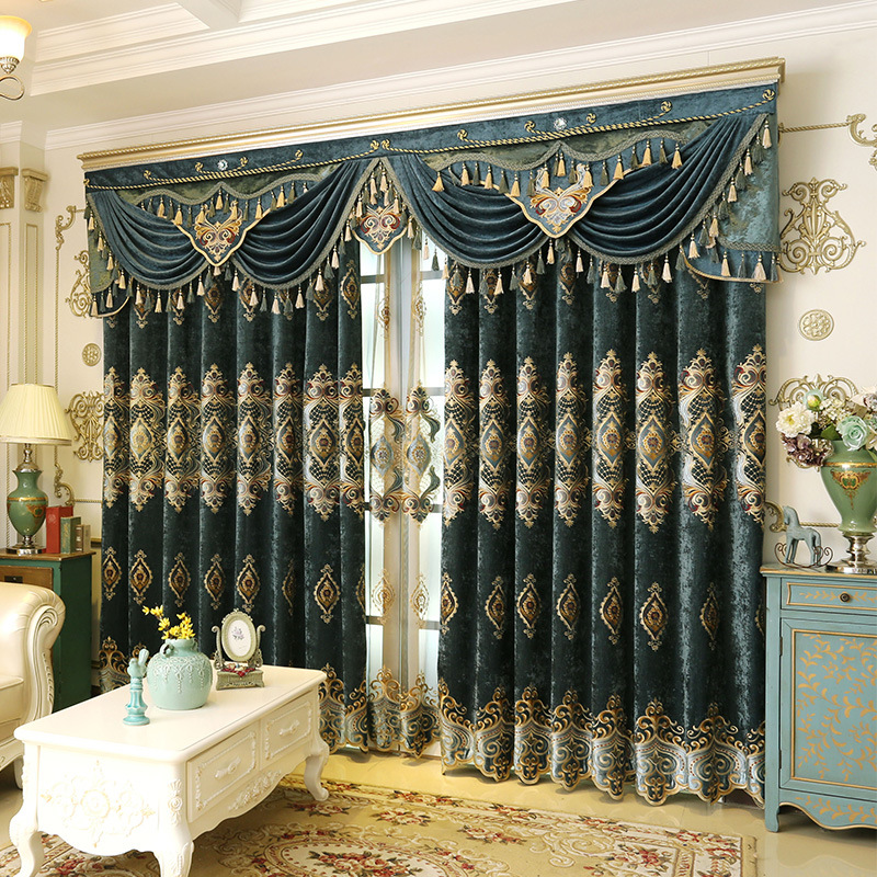 Blue Chenille Embroidered Curtains For Living Room Bedroom And Villa