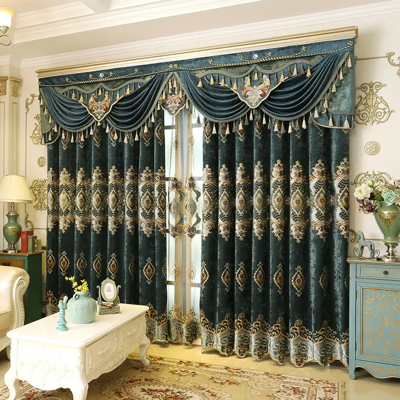 Blue Chenille Embroidered Curtains