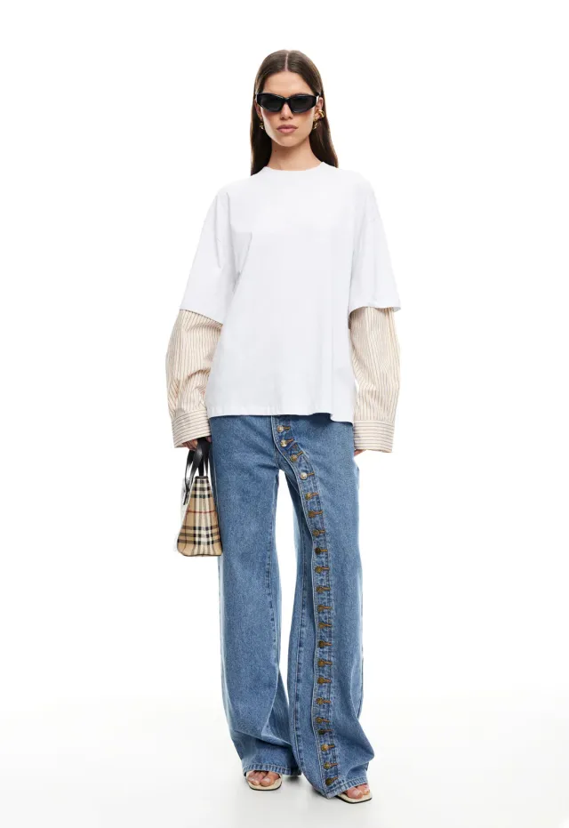 European And American Style Multi button Women's Jeans Blue - Shop at LoveMi