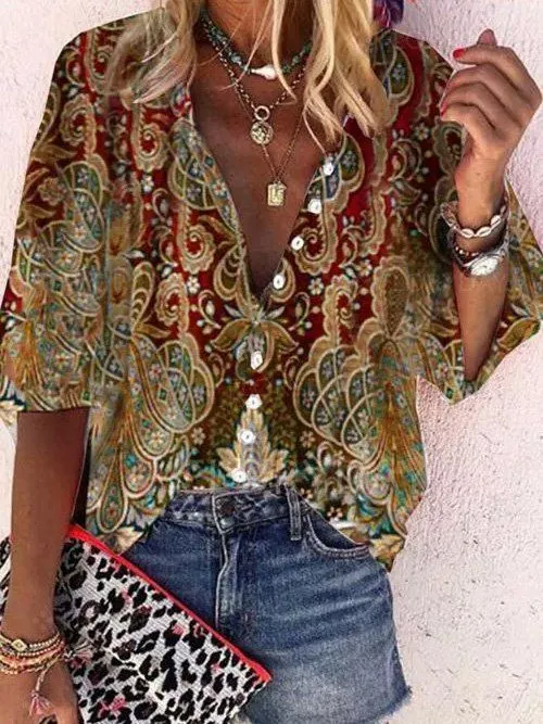 Bohemian Retro Geometric Print Colorful Spring And Autumn Women's Stand Collar Loose Shirt Style452 - Shop at LoveMi