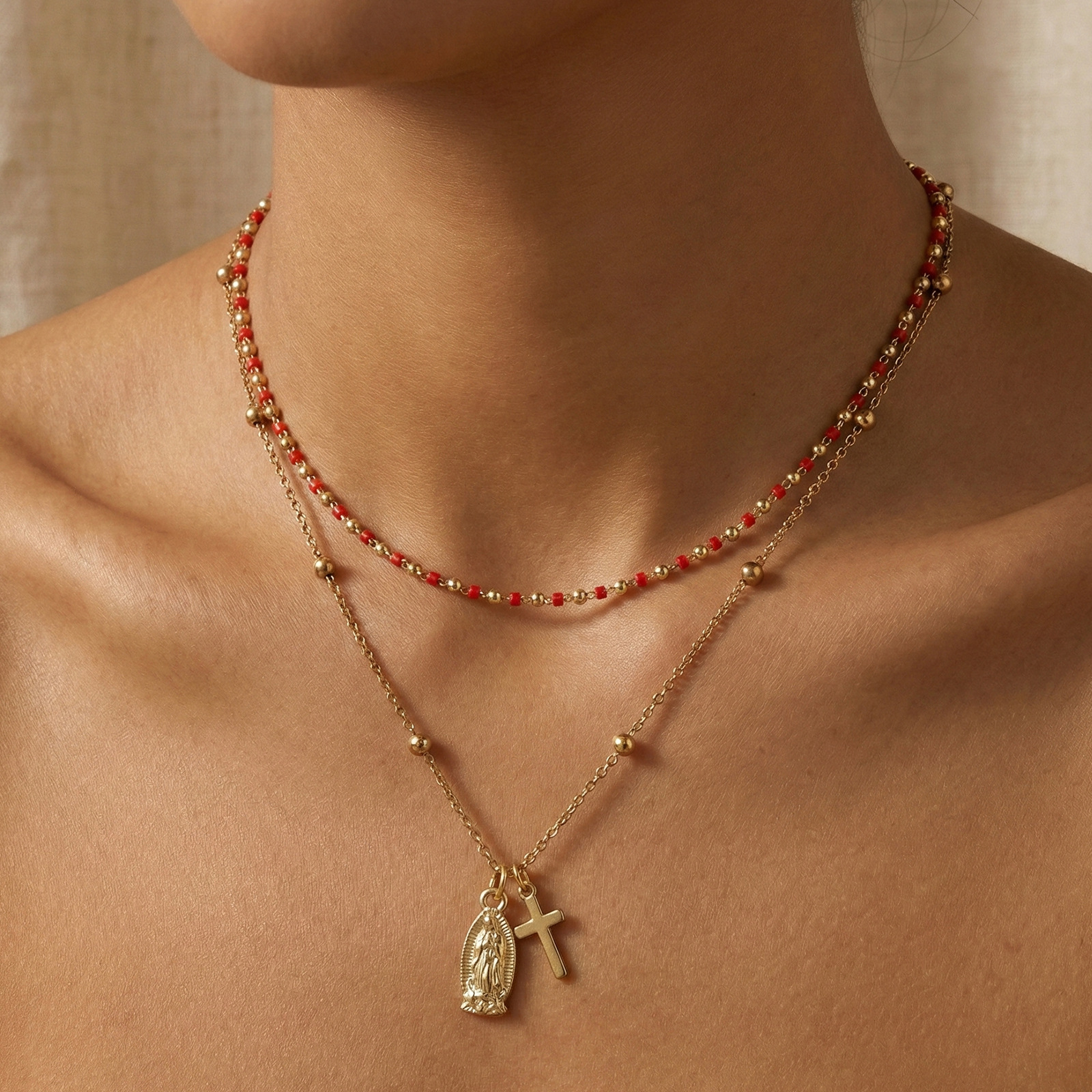 Handmade Beaded Red And Gold Double-Layer Necklace