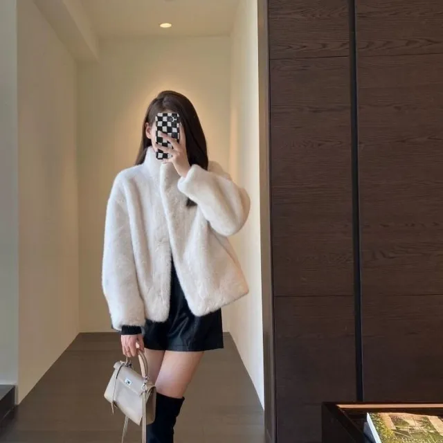 Womens Stylish Loose fitting Fur trimmed Collar Coat White - Shop at LoveMi