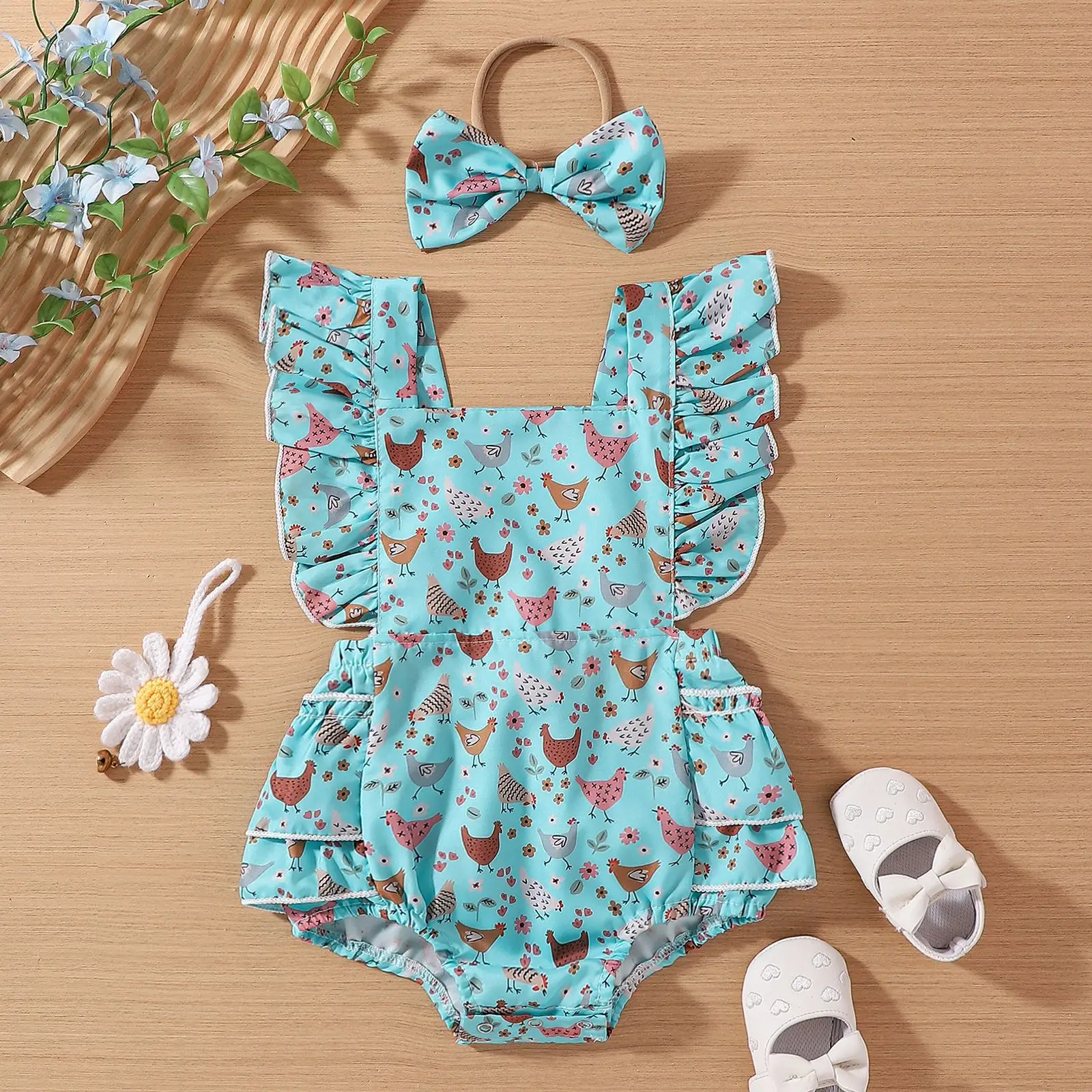 Baby Cartoon Chicken Flounced Sleeve Dress