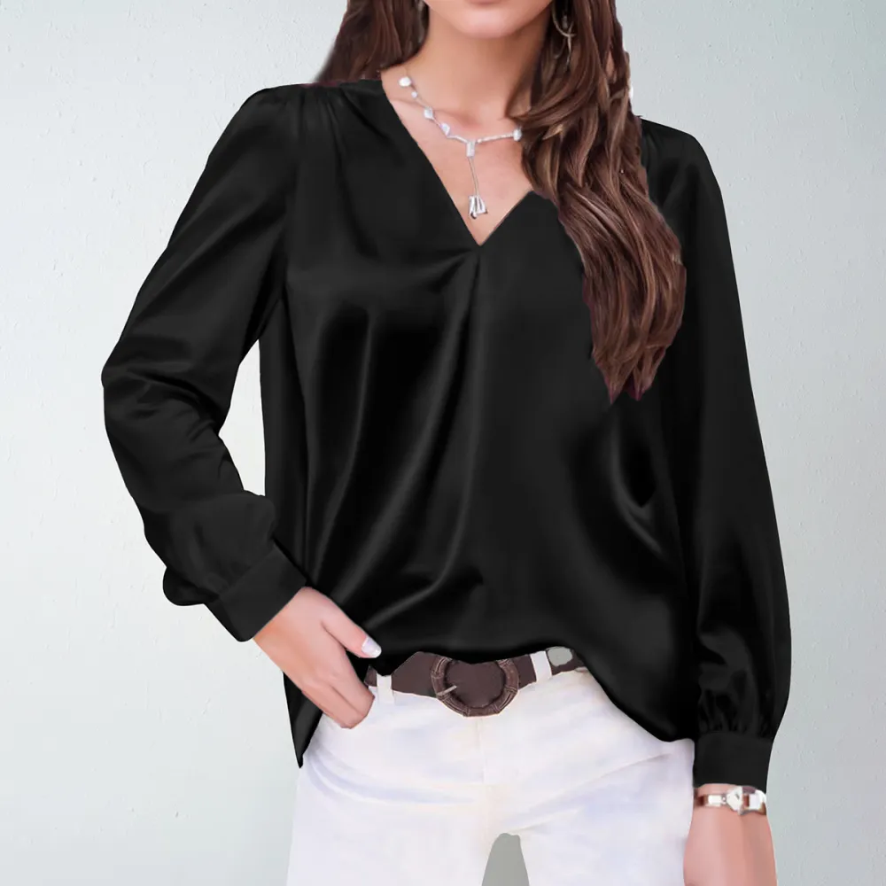 Satin Pleated Long-sleeved Top V-neck Casual Loose Shirt