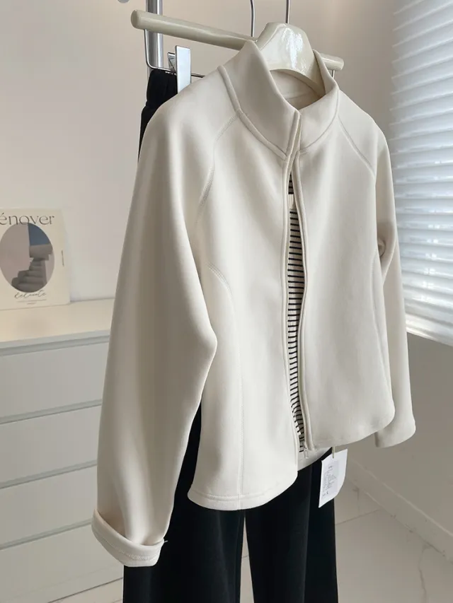 Self heating Stand Collar Glutinous Rice Velvet Coat For Women Beige - Shop at LoveMi