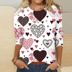 Valentine's Day Female With Hearts Printing Crew Neck T-shirt Top - Rq4127510-S - View 1